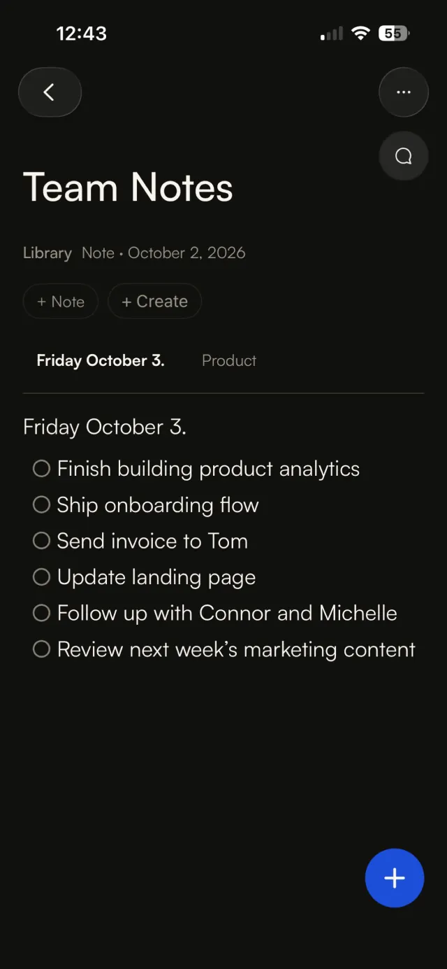 A note on iPhone: a checklist titled Team Notes.